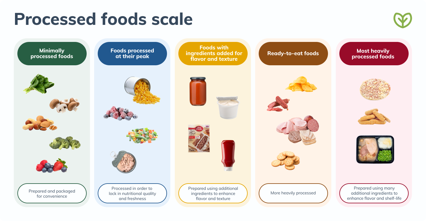 Processed foods scale showing 5 levels from minimally processed to most heavily processed foods